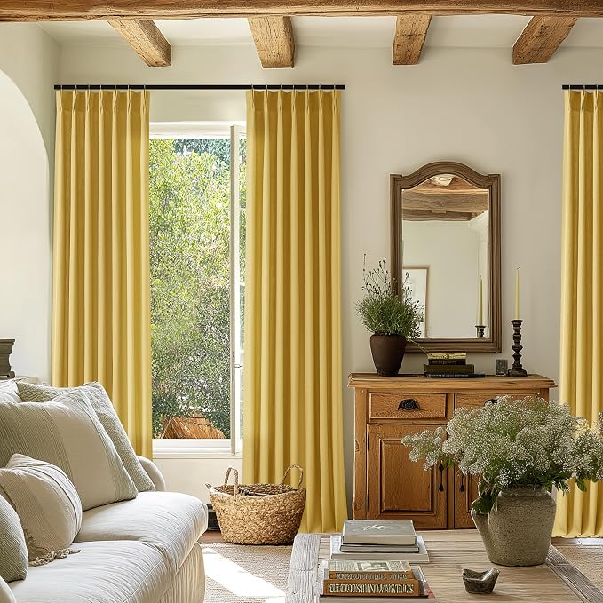 Mustard Yellow Linen Curtains 96 Inch Pinch Pleated for Living Room Bedroom Dining Boho Light Filtering Spring Decor Pinch Pleat Drapes Back Tab Semi Sheer Harvest Autumn Golden Ochre Window Curtains