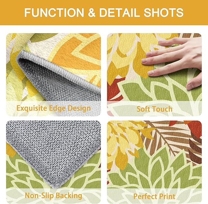 Colorful 9x12 Outdoor Area Rug Washable Multicolored Patio Rug Tropical Botanical Floral Chenille Waterproof Outdoor Carpet Non-Slip for Deck, Backyard, Porch, Orange