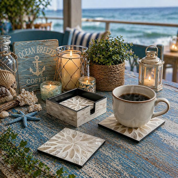 6 Pack Mother of Pearl Squre Coasters with Holder, Seashell Inlay Square Cup Holders with Organizer, Decorative Coasters Capiz Shell Trivet for Coffee Table, 5", I-lan (Gold Leaf)