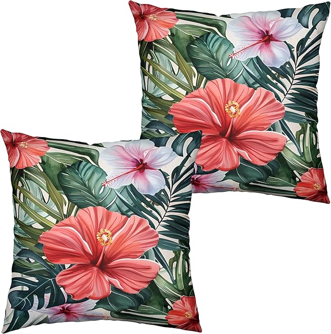 Hibiscus Flowers Pillow Covers Hawaiian Tropical Throw Pillow Covers 24x24 Set of 2 Monstera Palm Leaves Pillowcase Double Sided Printing Cushion Case for Patio Outdoor Sofa