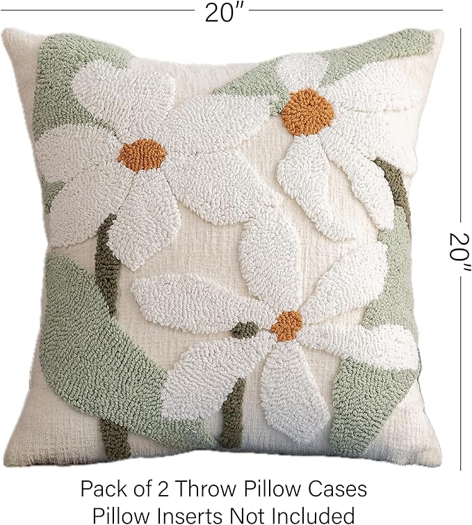 White Floral Embroidered Throw Pillow Covers 20" x 20" Set of 2, Farmhouse Flowers Green Leaves Tufted Patterned Cushion Cases for Couch Bed Living Room Decor