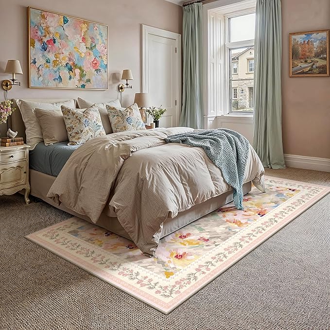 6x9 Washable Area Rug Beige Pink Living Room Bedroom Floral Throw Rug Abstract Modern Non Slip Soft Low Pile Carpet for Dining Room Office Nursery Indoor