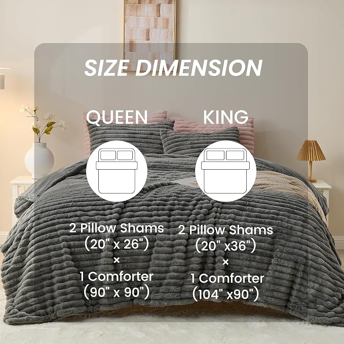 Simple&Opulence Fluffy Faux Fur Comforter Set, Plush Fuzzy Minky Bedding Set, 3 Pieces Warm Soft Comforter Bedding Set for Winter - 1 Shaggy Comforter with 2 Pillow Shams(King, Striped - Dark Grey)