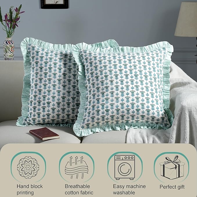 Ridhi Block Print Aquamarine Blue Throw Pillow Cover 24" x 24" (Pack of 2) Decorative Cushion Covers with Ruffle for Couch, Sofa, Bed, Living Room, Home Decor Gift for Spring, Easter, Valentine