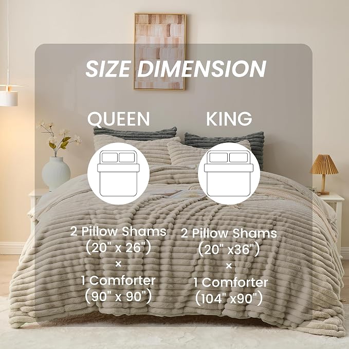 Simple&Opulence Fluffy Faux Fur Comforter Set, Plush Fuzzy Minky Bedding Set, 3 Pieces Warm Soft Comforter Bedding Set for Winter - 1 Shaggy Comforter with 2 Pillow Shams(Queen, Striped - Khaki)