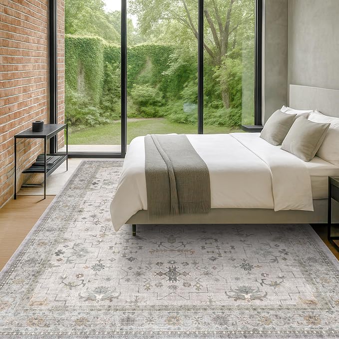 Large Light Gray & Sage 10x14 Living Room Rug - Vintage Floral Area Rug for Dining Room, Washable Low Pile Bedroom Carpet, Modern Eclectic Geometric Decor & Stain Resistance