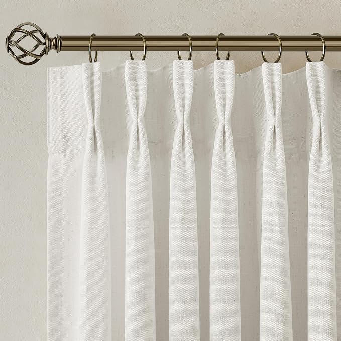 Natural Semi Sheer Linen Pinch Pleated Curtains 102 Inch Long | Neutral Cream, 102 inch Extra Long, Light Filtering Privacy, Living Room Bedroom, Flax Textured, Hook Ring Memory Shape, Boho