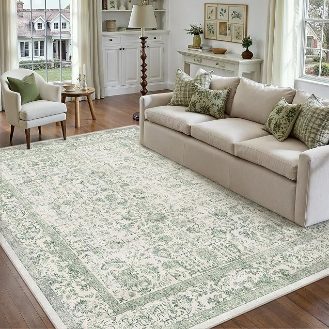 PureCozy Sage Green Area Rug 5x7 Living Room Washable Carpet Vintage Distressed Non Slip Kitchen Carpet Neutral Low Pile Retro Floral Farmhouse Throw Rug for Home Office Bedroom Laundry Dining Room