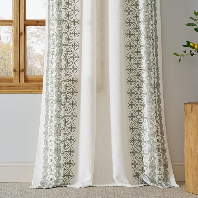 NICETOWN Sage Green Floral Embroidered Linen Curtains 84 inch Long - Gorgeous Drapes for Airy Living Room, Boho Style Bronze Grommet Heavy Linen Beautiful Home Decoration, W52 x L84, 2 Pcs