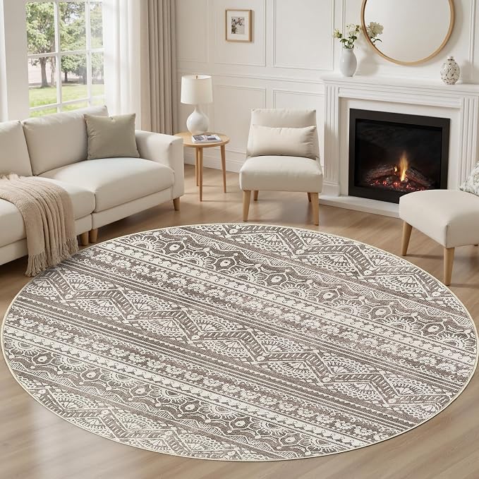 Tortania 6' Round Area Rug Living Room Rugs - Washable Large Soft Neutral Boho Moroccan Bohemian Farmhouse Rug Indoor Floor Carpet for Bedroom Under Dining Table Home Office Decor - Dark Brown