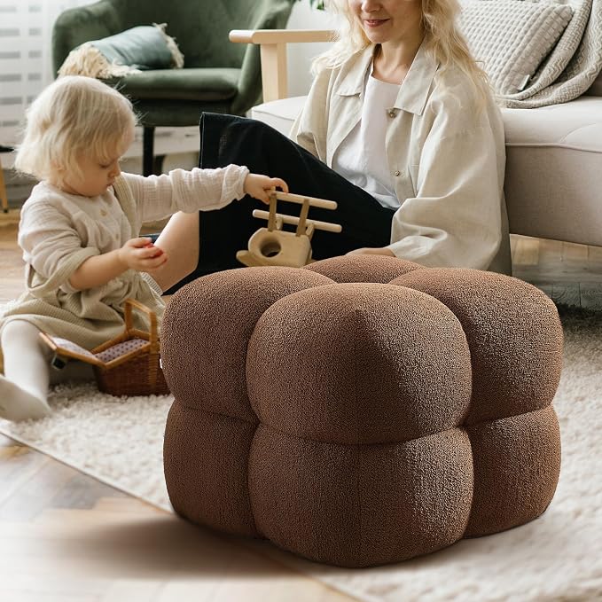 Zesthouse Square Pouf Ottoman Footstool, Modern Backless Vanity Chair for Bedroom, Boucle Poofy Footrest for Couch, Upholstered Tufted Footstool, Fabric Ottoman Coffee Table for Living Room Rust Brown