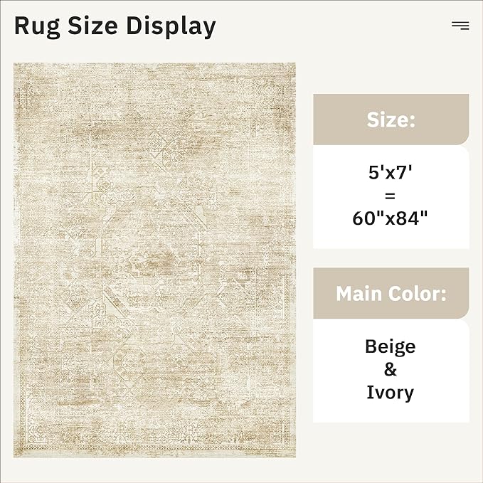 Soalmost 5x7 Area Rugs Beige Low Pile Indoor Washable Trendy Faded Style Floral Rugs for Bedroom Living Room Dining Room Foldable Non-Slip Thin Print Mat