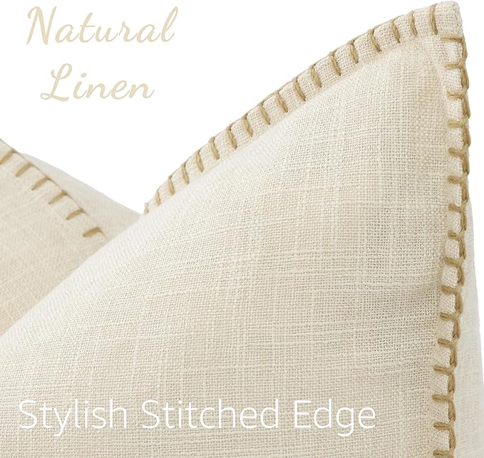decorUhome Summer Decorative Throw Pillow Covers 22x22 Set of 2 Faux Linen Farmhouse Euro Sham Pillow Covers with Stitched Edge Outdoor Neutral Pillow Covers for Couch Sofa Living Room, Cream White