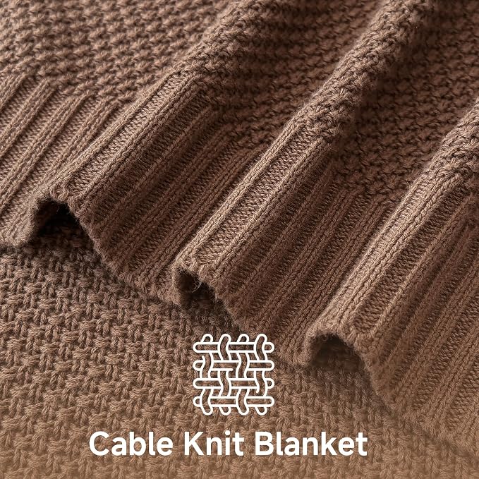 Simple&Opulence 100% Cotton Throw Blanket, Solid Color Cable Knitted Blanket Super Soft Comfortable Breathable Decorative Farmhouse for Couch Sofa Bed, All Season Use(Coffee,50x60)