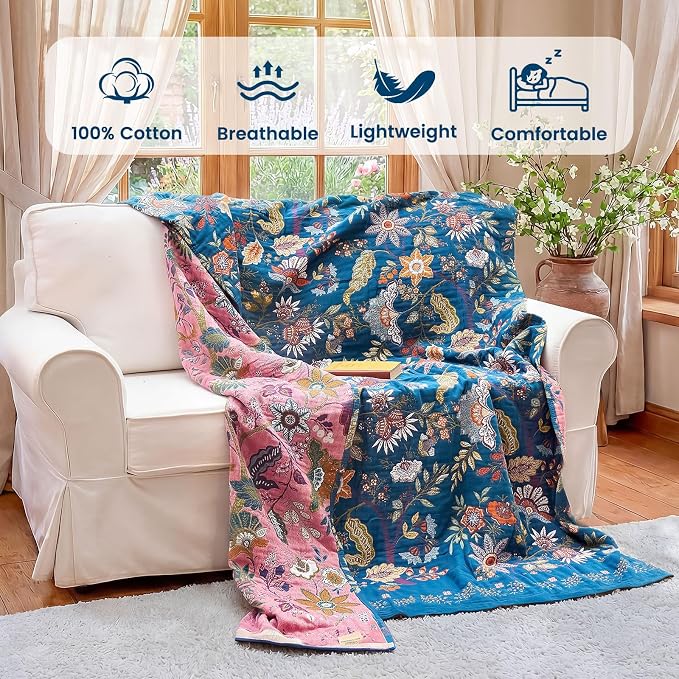 MSGKV Boho Throw Blanket for Couch 50"x60" 100% Cotton Floral Blanket Summer Breathable Lightweight Muslin Home Decorative Blankets for Sofa