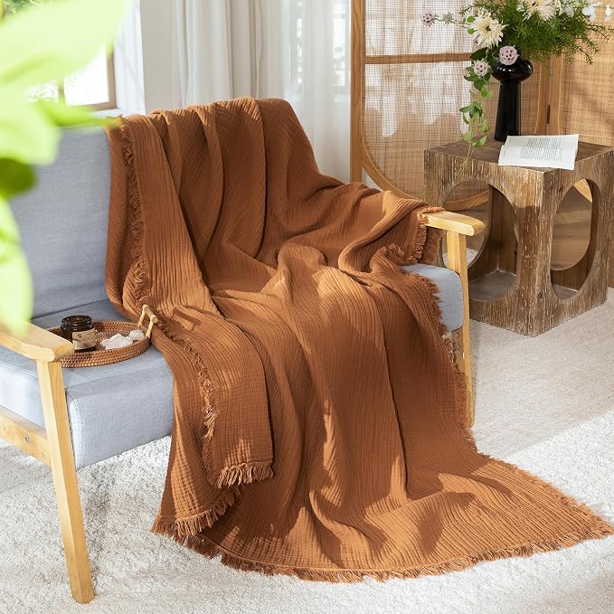 MooMee Muslin Blanket - 100% Cotton 4-Layer Gauze Throw Blanket with All-Around Fringe, Soft Breathable Lightweight Cooling Summer Blankets for Bed Couch (Drak Orange,Twin XL 66" x 90")