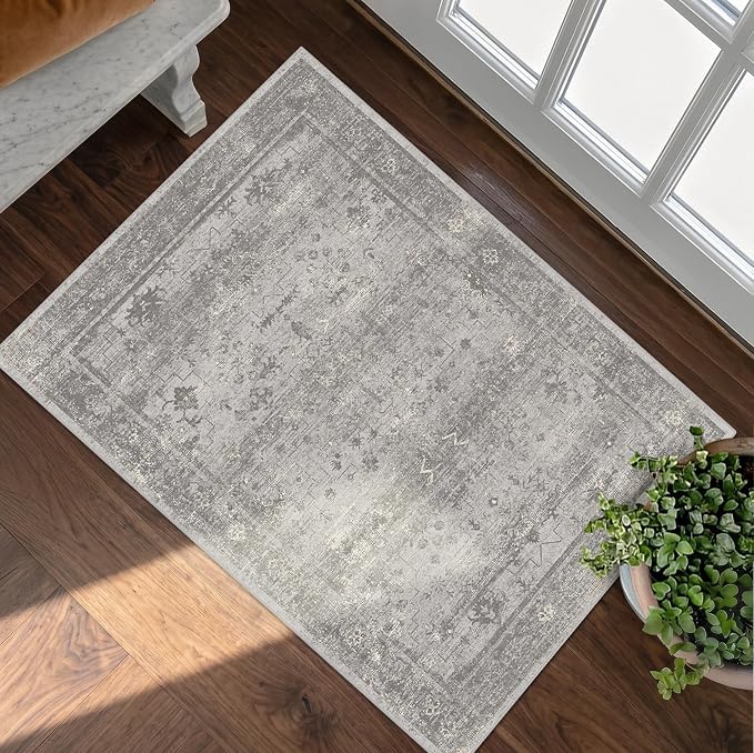 Washable 2x3 Entryway Rug, Non Slip Low Pile Small Area Rug for Front Door, Kitchen & Bathroom, Mineral-Inspired Marble Pattern Neutral Gray Floor Mat