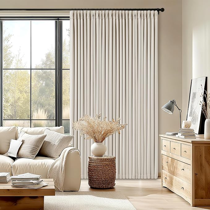 Pinch Pleated Blackout 90 Inch Bedroom Curtains 70 Inch Wide Linen Dual Layer Soundproof Farmhouse Window Curtains for Living Room Cream Natural Hooks Rings Back Tab 100% Black Out Drapes 1 Panel