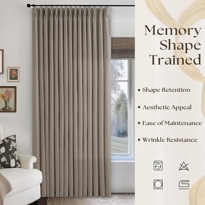 Pinch Pleated Linen 102 Inch Curtains 100 Inch Width for Living Room Divider Light Filtering Thick Taupe Linen Extra Wide Patio Curtains for Sliding Door Balcony Floor to Ceiling Window 1 Panel