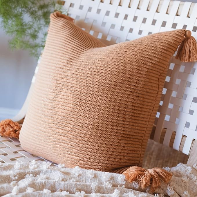 100% Soft Cotton Boho Throw Pillow Cover Ribbed Knit Texture with Handmade Tassels Cozy Decorative Accent (18x18, Baked Clay)