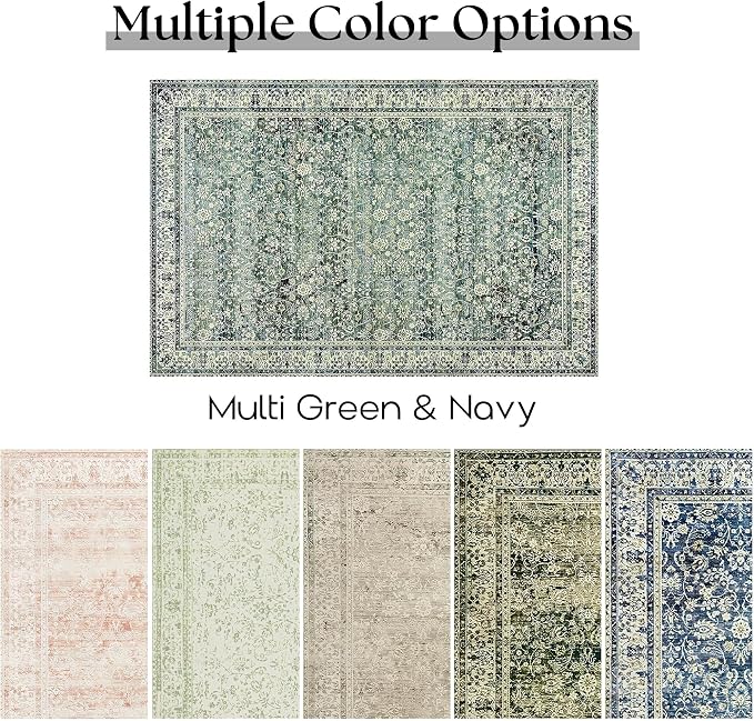 BILEEHOME Blue and Green 6x9 Area Rugs for Bedroom Low Pile Soft Moody Floral Rug with Non Slip Washable Boho Vintage Oriental Indoor Carpet for Living Room Dining Room,Hunter Forest Green/Teal