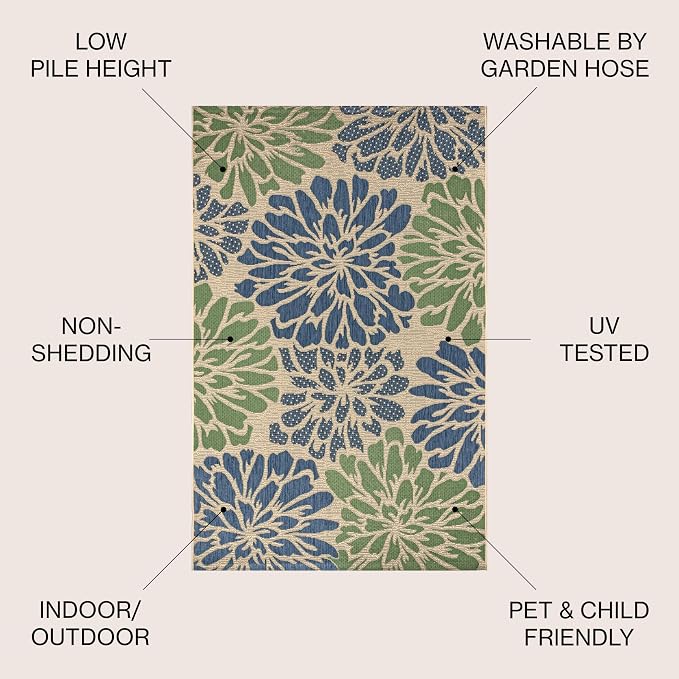JONATHAN Y Floral Textured Weave Indoor Outdoor Square Area Rug 6X6 Navy/Green, Zinnia Modern for Backyard, Patio, Porch, Easy-Cleaning, High Traffic, Pet-Friendly, Non-Shedding (SMB110B-6SQ)