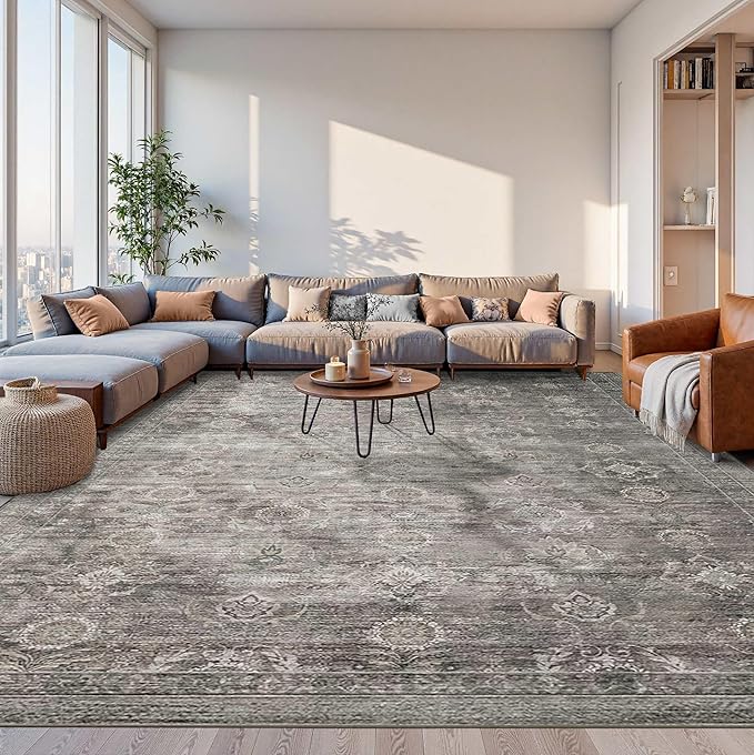 Rugxara 10x14 Area Rugs for Living Room Bedroom, Large Washable Rug, Grey Vintage Retro Boho Rug, Non Slip & Low Pile Faux Wool Thin Carpet for Indoor Dining Room and Kids Room(Taupe/Grey 10x14ft)