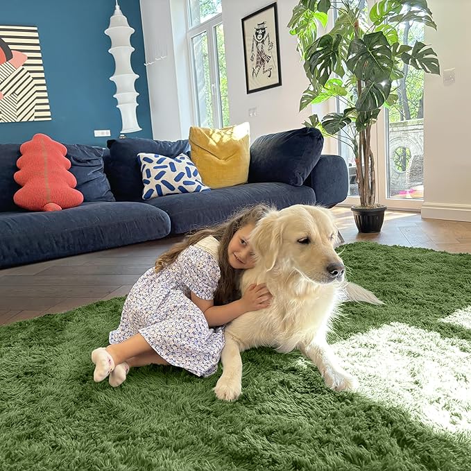 OLANLY 6x9 Machine Washable Large Area Rugs for Living Room, Bedroom, Soft Fluffy Shaggy Bedside Rug, Indoor Floor Carpet for Kids Girls and Boys, Dorms, Nursery, Home Decor Aesthetic, Green