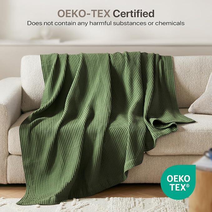 Madison Park 100% Cotton Blanket, Trendy Woven Waffle Weave Design, All Season, Lightweight, Breathable, Soft and Cozy Casual Summer Cover, for Bed, Couch and Sofa, Full/Queen, Olive Green