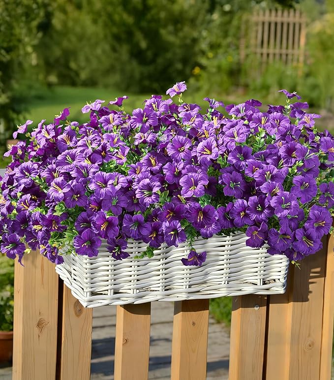 Artificial Flowers for Outdoors Fake Plants Outside Decoration, 20 Bundles Purple Silk Petunia with Eucalyptus UV Resistant Realistic Faux Flowers for Outdoor Planters Garden Balcony Yard Porch Patio