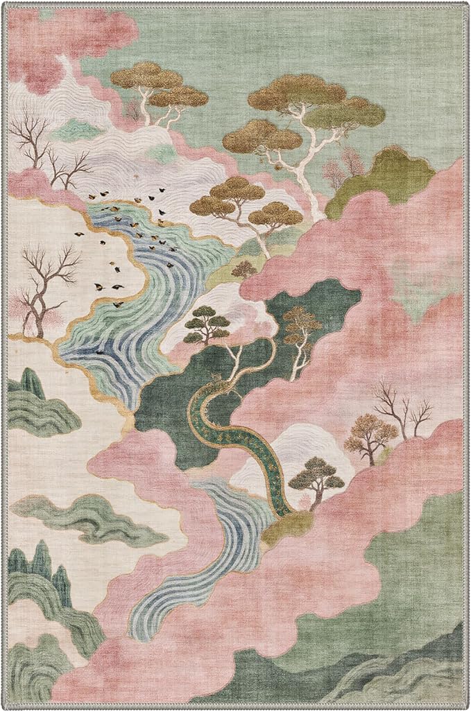 BEIMO 2x6 Runner Rug for Hallway Kitchen, Machine Washable Runners Rug for Entryway, Soft Modern Abstract Throw Rugs, Low Pile Floor Cover with Non Slip Backing, Sage Pink