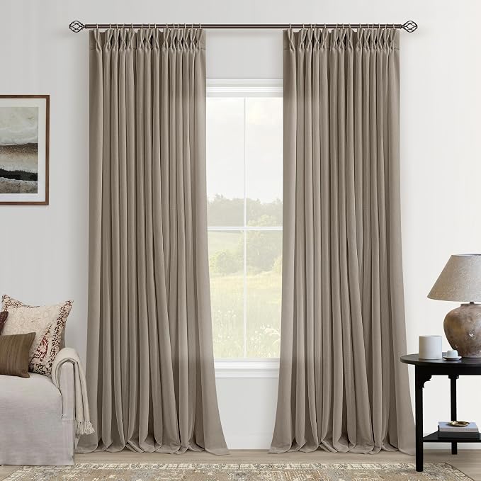 Taupe Pinch Pleated Semi Sheer Linen Curtains 90 Inch Long for Living Room | Flax, Textured, Pinch Pleat, Privacy, Bedroom, Gray Beige, Modern, Farmhouse, Sheer, Drapes, Boho, Linen Blend, Hook Rings