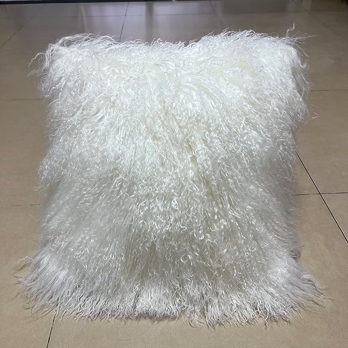 100% Real Mongolian Lamb Fur Cushion Cover/Pillowcase (26x26inch, White)
