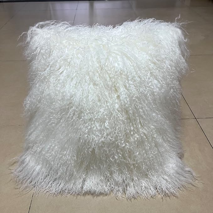 100% Real Mongolian Lamb Fur Cushion Cover/Pillowcase (24x24inch, White) 1