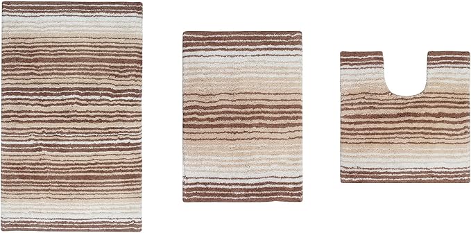 Home Weavers 100% Cotton Gradiation Collection Bathroom Décor | Washable Rug | Bathroom Mat | Kitchen Mat | Bathroom Rug Set | Bath Mat Set | Bath Floor Mat Non Slip, 3 Piece Set with Contour, Beige