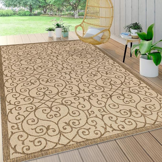 JONATHAN Y Vintage Filigree Indoor Outdoor Area Rug 3X5 Beige/Brown, Madrid Textured Weave for Backyard, Patio, Porch, Easy-Cleaning, High Traffic, Pet-Friendly, Non-Shedding (SMB107B-3)
