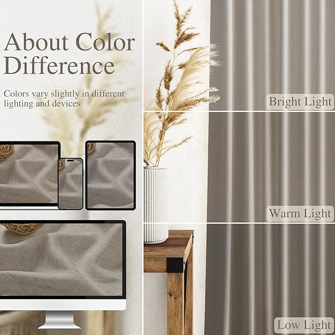 Nanspring Grey Beige Linen Curtains 63 Inch Length ffor Living Room Luxury Light Filtering Semi Sheer Curtain Back Tab Simple Modern Neutral Elegant Boho Gray Drapes for Bedroom 52x63, 2 Panels