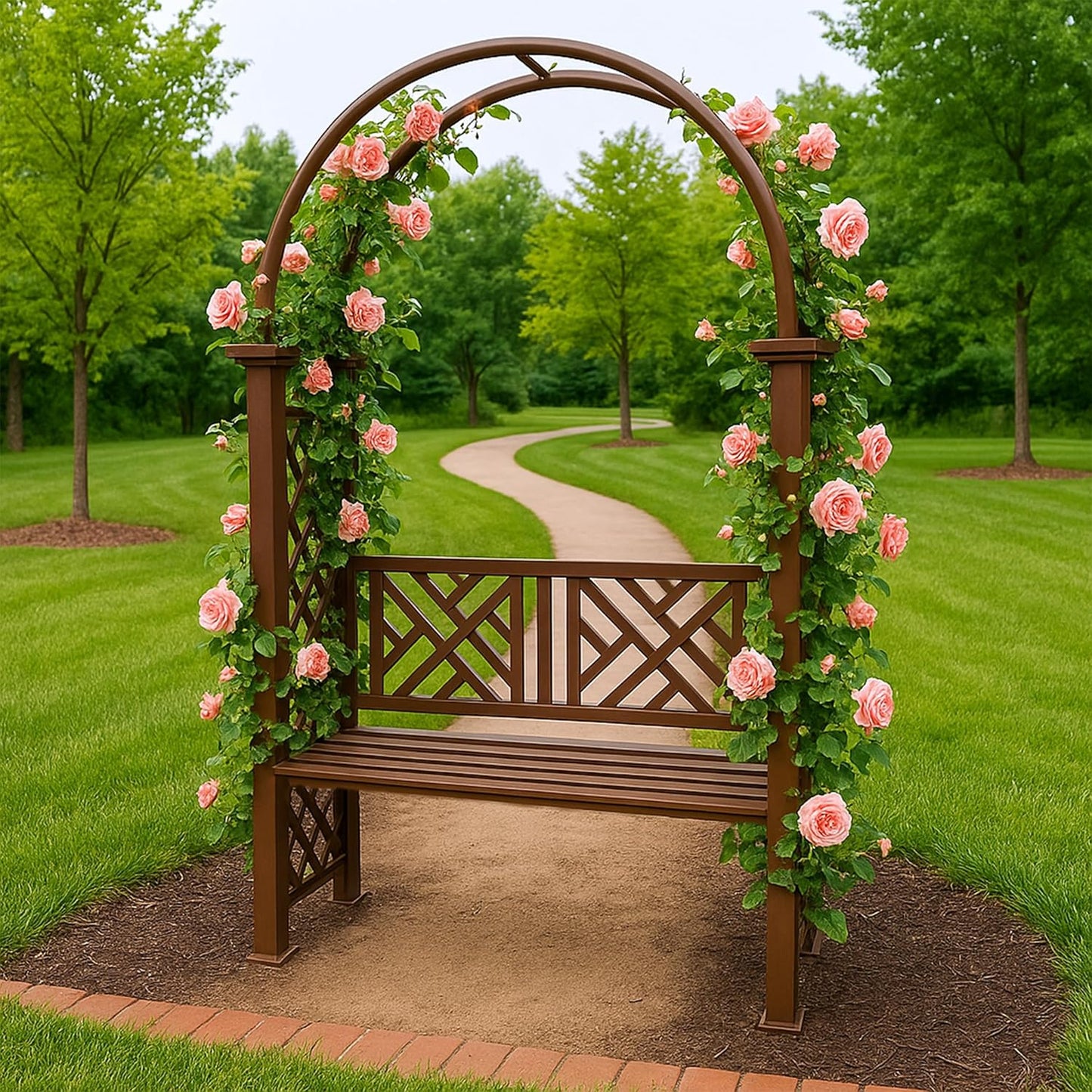 Brown Aluminum Garden Arbor Arch with 2-Seater Bench