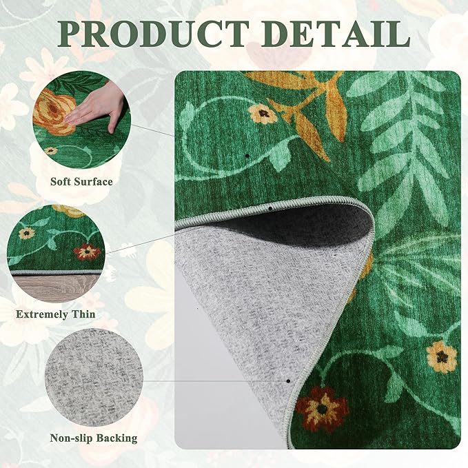 DUKINO Floral Round Rug, 6ft Washable Circle Rug, Non Slip Indoor Low Pile Circle Rug, Soft Small Boho Design Carpet for Bedroom, Entryway, Living Room, Dining Room, Dark Green