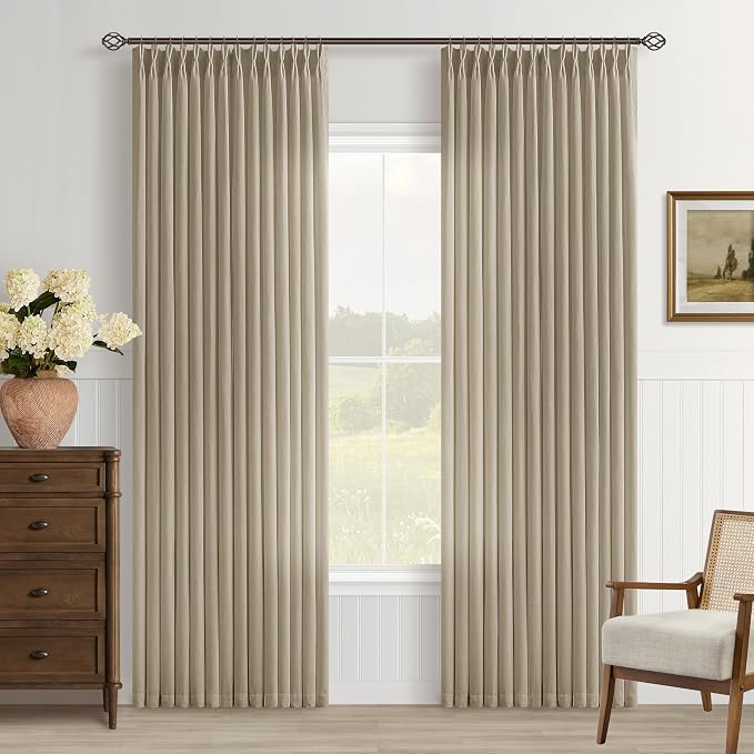 Burlap Flax linen Curtains 84 Inch Long Pinch Pleated 2 Panels for Living Room Bedroom Tan Khaki Light Brown Semi Sheer Boho Rustic Farmhouse Back Tab Pleat Drapes Floor to Ceiling 84 Inch Curtains