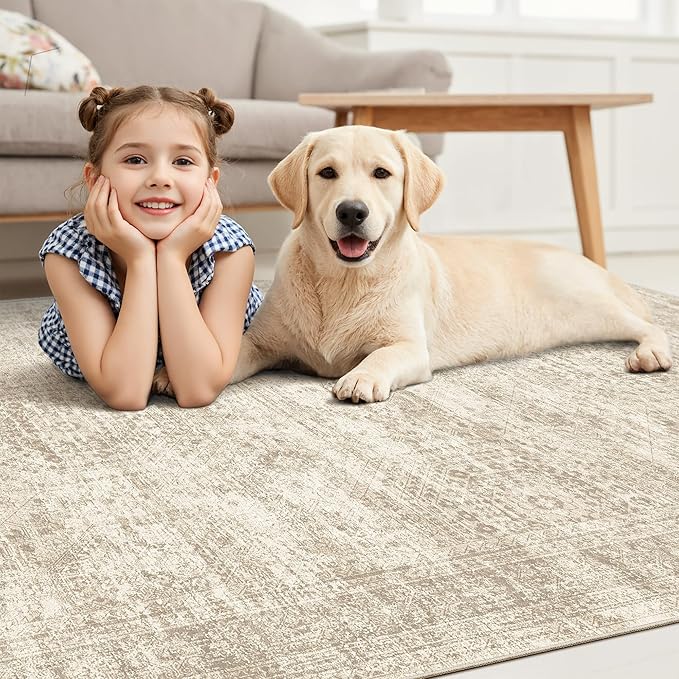 Soalmost Area Rug 10x12 Vintage Washable Living Room Large Carpet Non Slip Bedroom Indoor Office Dining Room Low Pile Thin Rug Beige