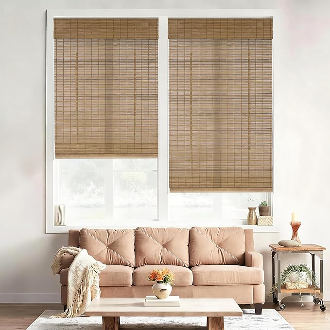 No Drill No Tools Bamboo Roman Shades, Cordless Light Filtering Window Blinds with Valance, Natural Woven Wood Shades for Living Room Dining Room, Camel（Sheer-View）, 33.5" W x 64" H