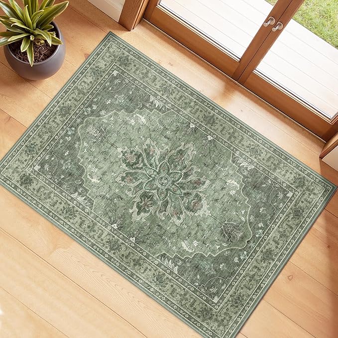 RELEANY Area Rugs 2'6''x4' Kitchen Rugs Entry Rug Small Rugs for Entryway Kitchen Bathroom Door Mat Indoor Entrance,Washable Non Slip, Dark Green Gray