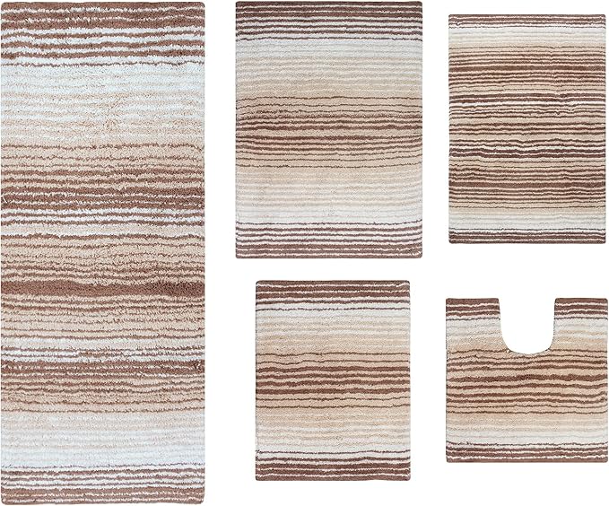 Home Weavers 100% Cotton Gradiation Collection Bathroom Décor | Washable Rug | Bathroom Mat | Kitchen Mat | Bathroom Rug Set | Bath Mat Set | Bath Floor Mat Non Slip, 5 Piece Set with Contour, Beige