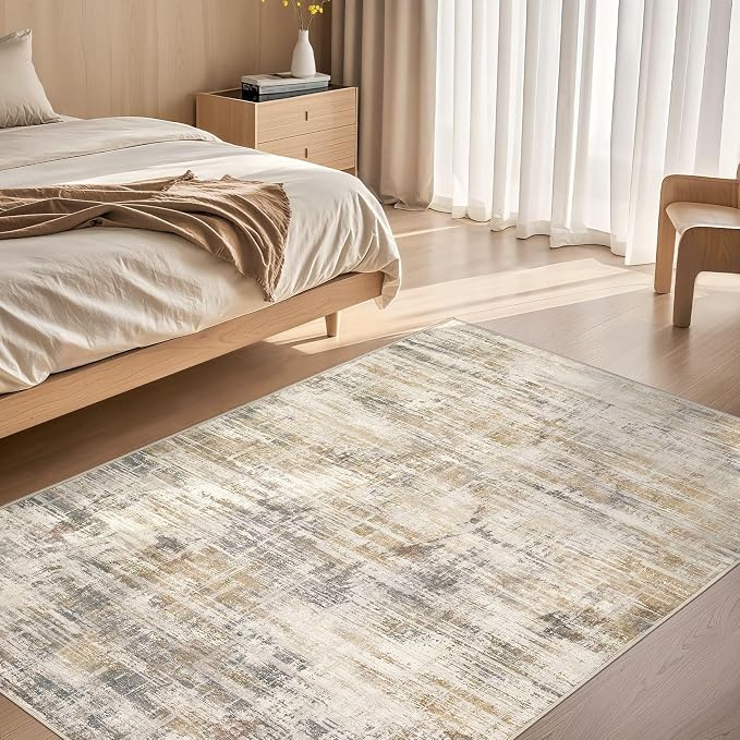 UERMEI 4x6 Washable Area Rug for Living Room: Modern Neutral Abstract Soft Low Pile Carpet Non-Slip Pet Kids Friendly Indoor Decor for Bedroom Dining Room Home Office Nursery Golden Brown