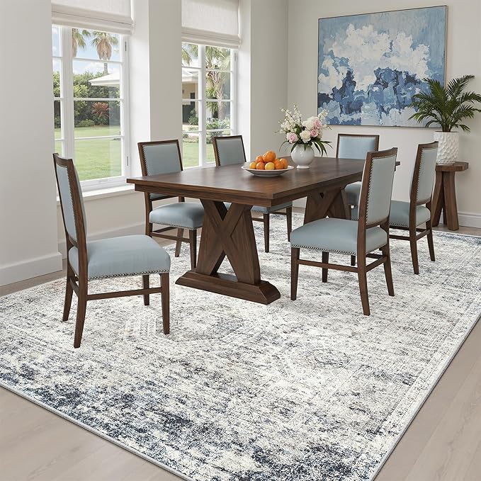 Soalmost 6x9 Area Rug for Living Room Washable 6x9 Non-Slip Modern Rugs for Bedroom Dinning Room Ultra-Thin Indoor Blue Ivory