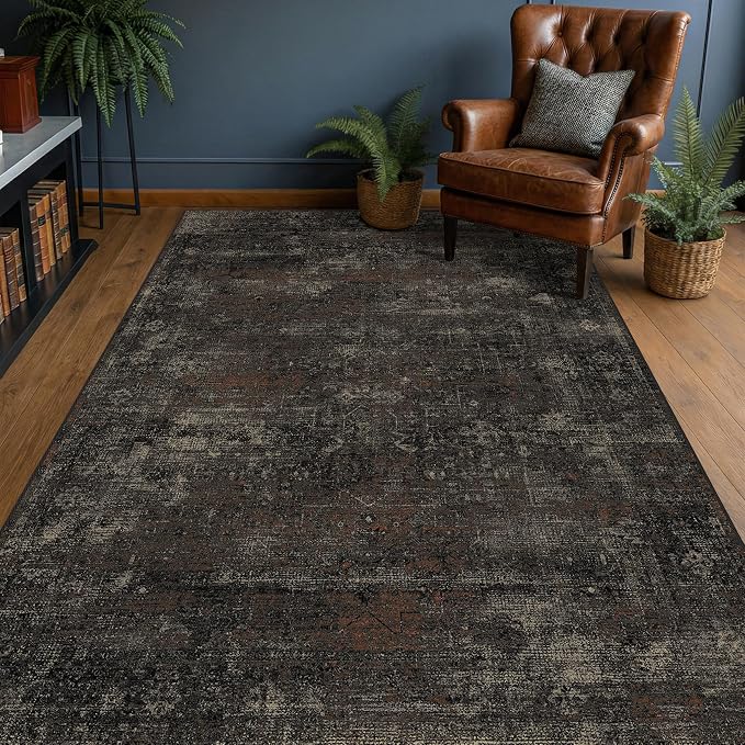 TALANOVA Black Washable 5x7 Area Rug for Living Room & Office, Modern Abstract Non Slip Low Pile Rug for Dining Room & Bedroom, Dark Charcoal Stain Resistant Farmhouse Décor