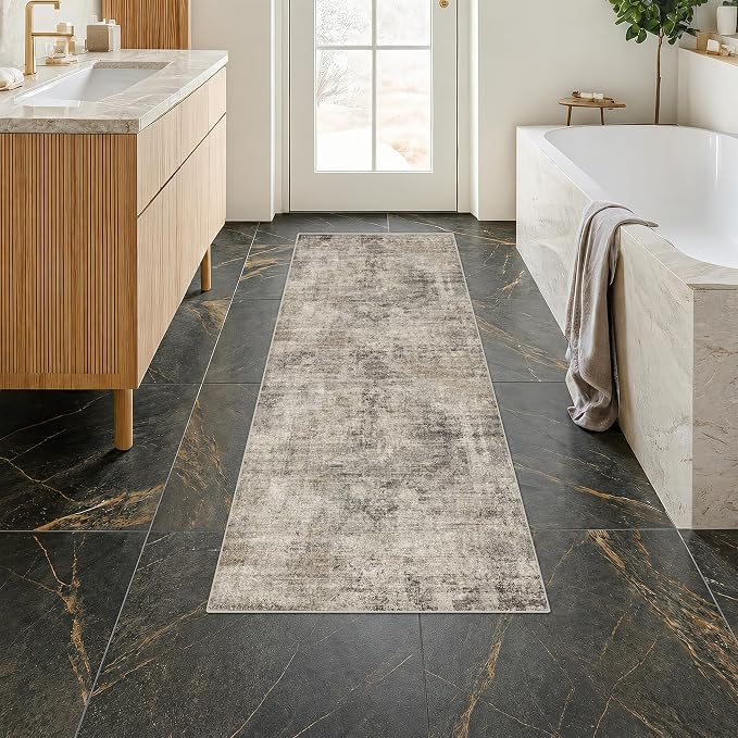 Vintage 2x5 Taupe Runner Rugs for Indoor Entryway, Washable Farmhouse Kitchen Rugs with Rubber Backing, Entryway Indoor Runner for Bathroom, Home Office Floor Rug, Non-Slip Stain & Fade Resistant