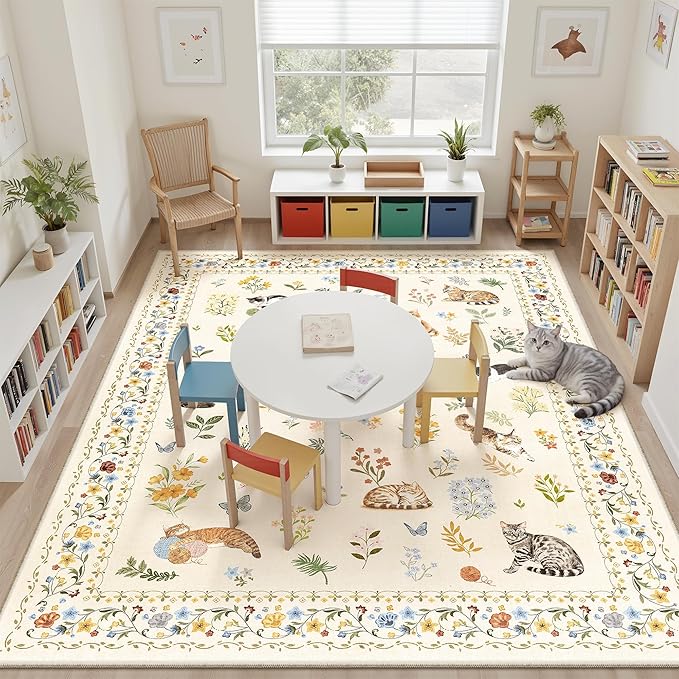 Soalmost Cat 9x12 Area Rugs for Living Room, Machine Washable Animal Floral Vintage Rug Non-Slip Low Pile Soft Throw Large Rugs for Bedroom Dining Room Kitchen Nursery Playroom (9 x 12,Beige)