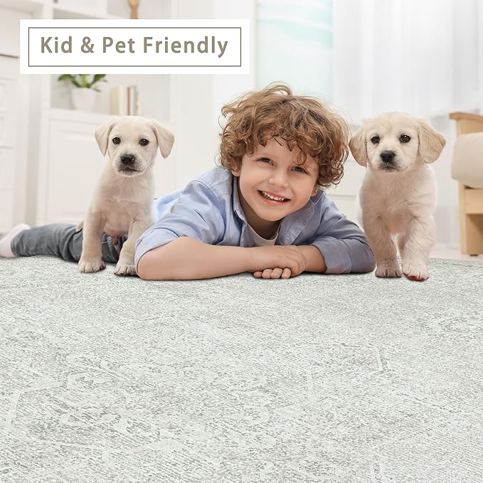 Srugn Washable Rugs 8x10 Area Rugs for Living Room,Bedroom,Dining Room- Large Ultra Soft Faux Wool Retro Carpets,Non Slip&Non-Shedding Low Pile Vintage Carpet for Home Office,Concrete Grey